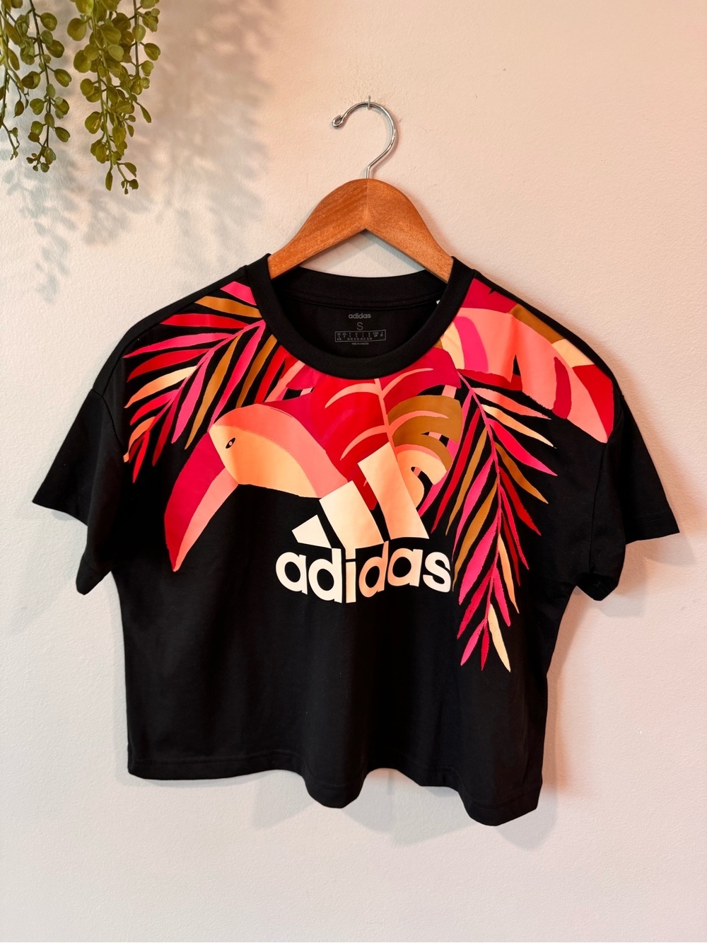 adidas X Farm Rio Black Cropped Tee with Pink & Orange Tropical Graphic Sz S